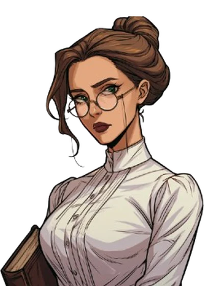 Abigail Marsh, a woman in a white high-collared blouse with her hair pinned up, holding a book.