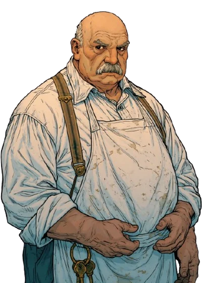 Barnabas Gilman, a bald, moustached man in an apron with keys at his belt.