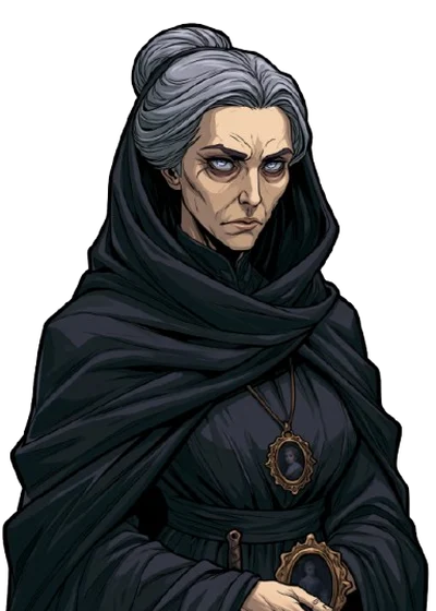 Edna Tilton, a grey-haired woman in black mourning dress.