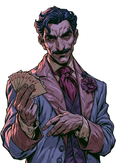 Ephraim Sprague, a slim moustached man in a violet suit fanning playing cards.
