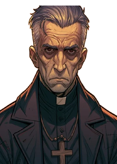 Father Iwanicki, a tired grey-haired man in a clerical collar and cross.