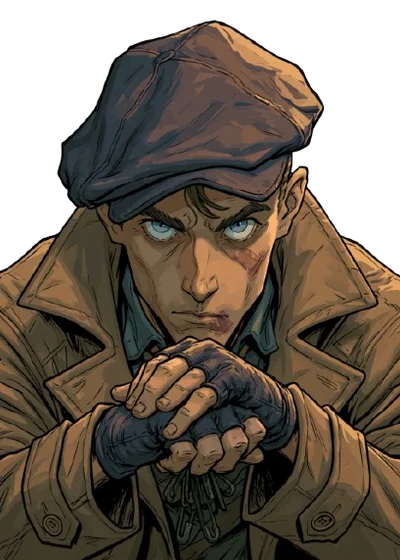 Jack Malloy, a young man in a flat cap and fingerless gloves, hunched forward.