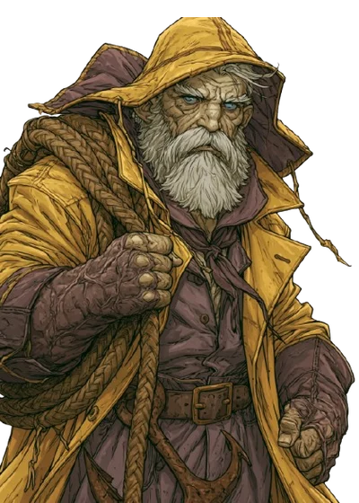 Old Hob, a white-bearded fisherman in a yellow oilskin with rope over his shoulder.