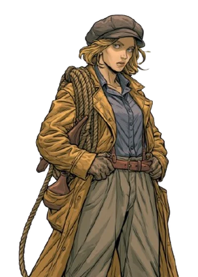 Peg Eliot, a young woman in a cap and long yellow coat, a coil of rope at her hip.