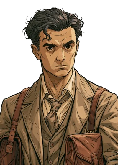 Robert Olmstead, a young man in a tan jacket and loosened tie, satchel over his shoulder.