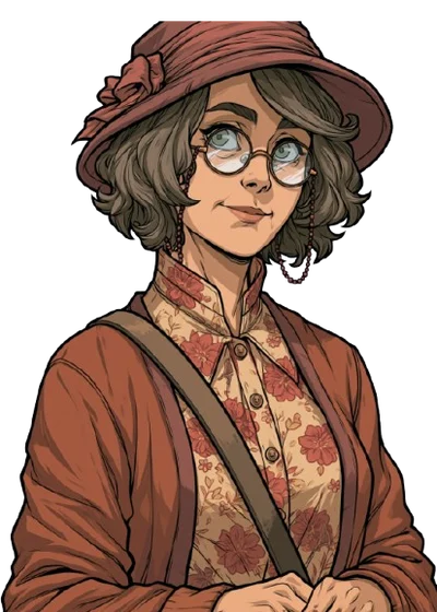 Ruth Poole, a smiling woman in round spectacles and a red hat.