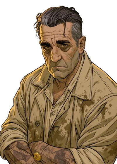 Silas Marsh, a gaunt man in a pale suit with his arms folded.