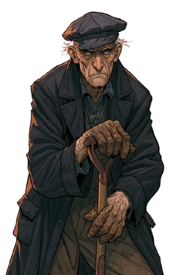 Solomon Orne, a lean old man in a cap leaning on a spade.