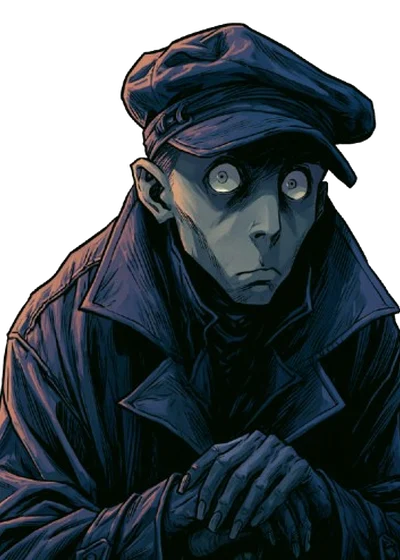 Thomas Waite, a pale wide-eyed man in a dark cap and coat.