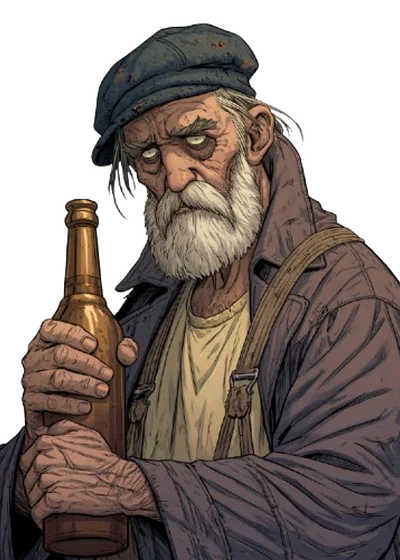 Zadok Allen, a white-bearded old man in a flat cap clutching a bottle.