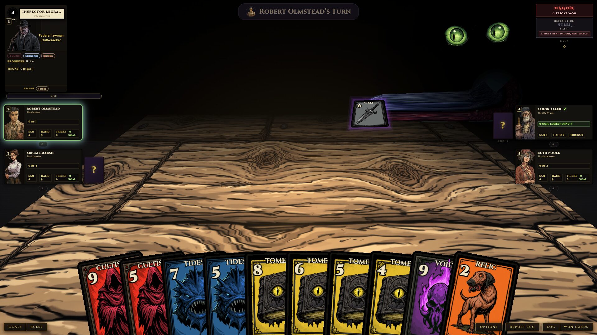 The five-seat table from above: Dagon's 6 of Steel face up in the middle, his green eyes open in the dark beyond it, investigator panels down both sides, and a fanned hand of Cultist, Tides, Tomes, Void and Relic cards.