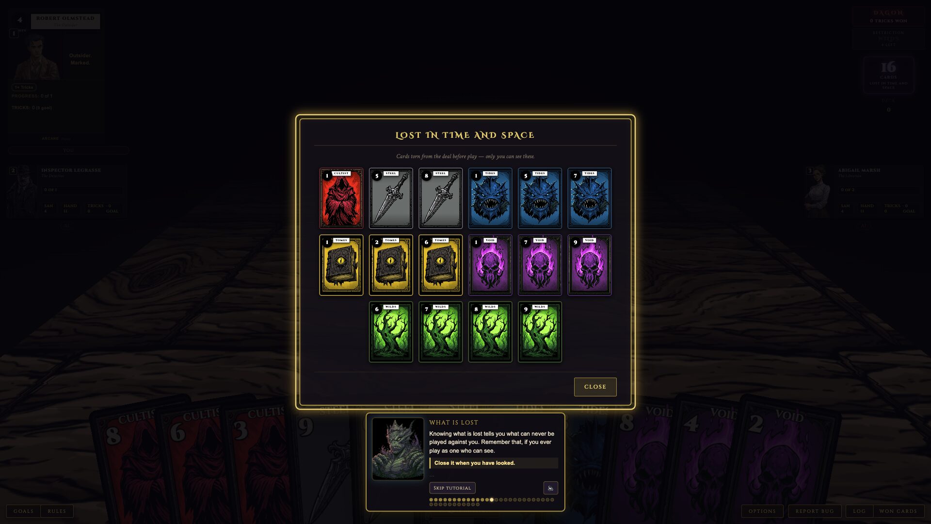 A window titled Lost in Time and Space laying out sixteen removed cards across the Cultist, Steel, Tides, Tomes, Void and Wilds suits, with Dagon's tutorial note below it.