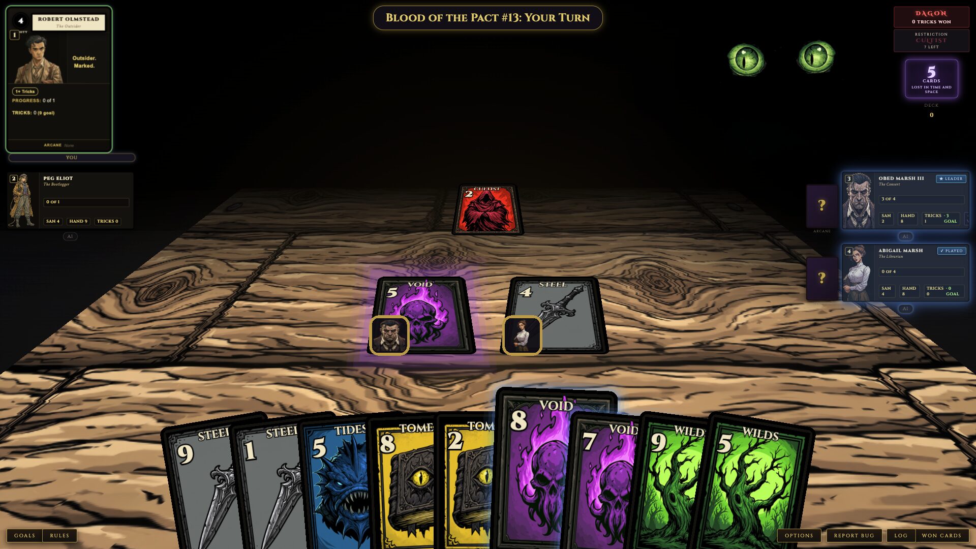 A trick in progress: Dagon's 2 of Cultist face up, a 5 of Void and a 4 of Steel played with their investigators' portraits, and an 8 of Void raised from a hand of Steel, Tides, Tomes, Void and Wilds.