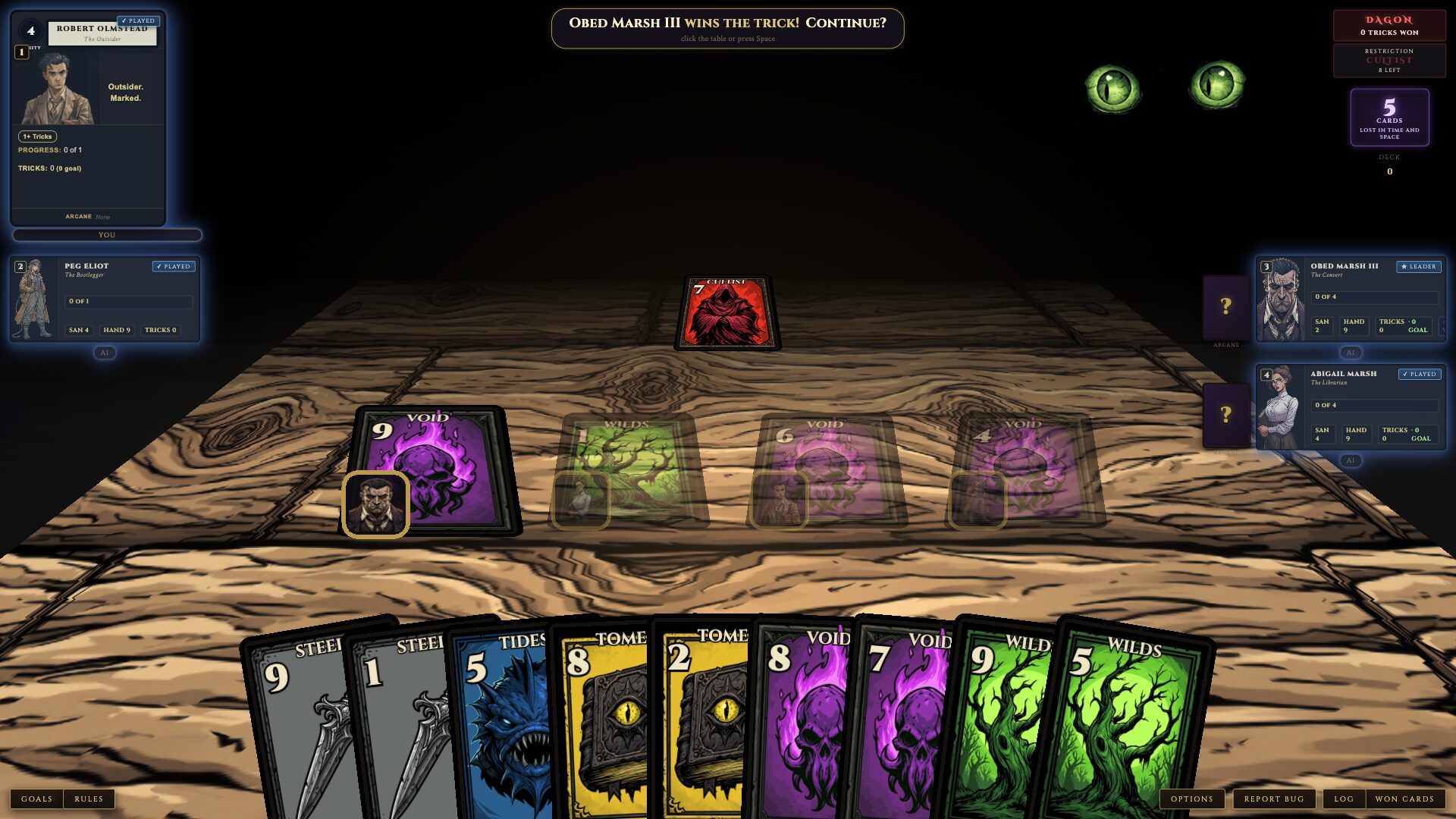 A trick resolved: a banner reads Obed Marsh III wins the trick, his 9 of Void stays lit beside Dagon's 7 of Cultist, and the other three cards played fade.