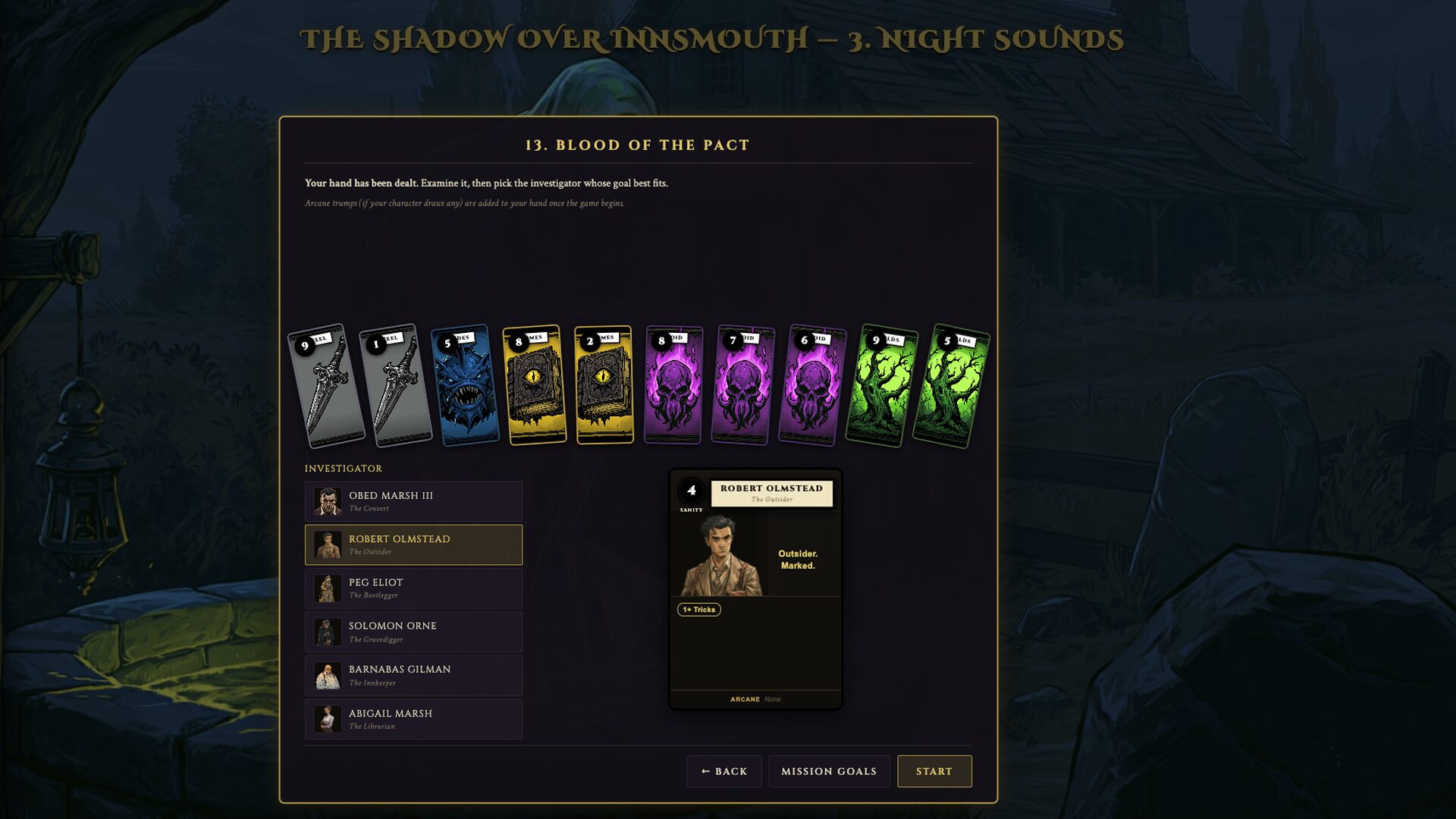 The setup screen for Blood of the Pact: a dealt hand of ten cards, a list of six investigators with Robert Olmstead selected, and his card beside it.