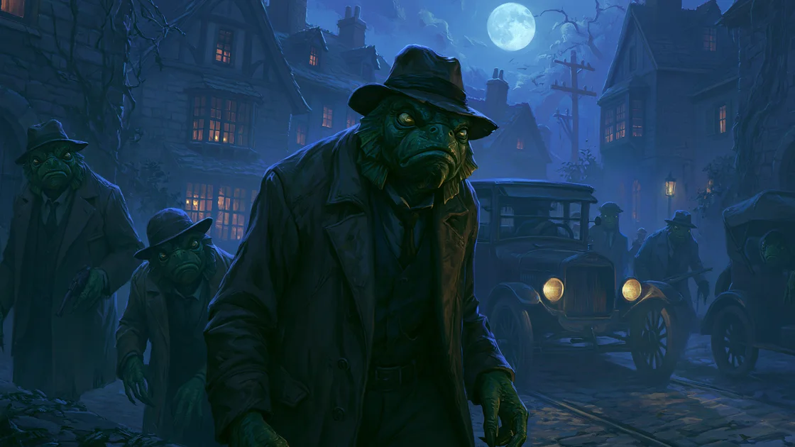 A fish-faced Innsmouth man in a fedora and long coat walks a moonlit street at night, others like him close behind, past timbered houses and a motor car with its headlamps lit.
